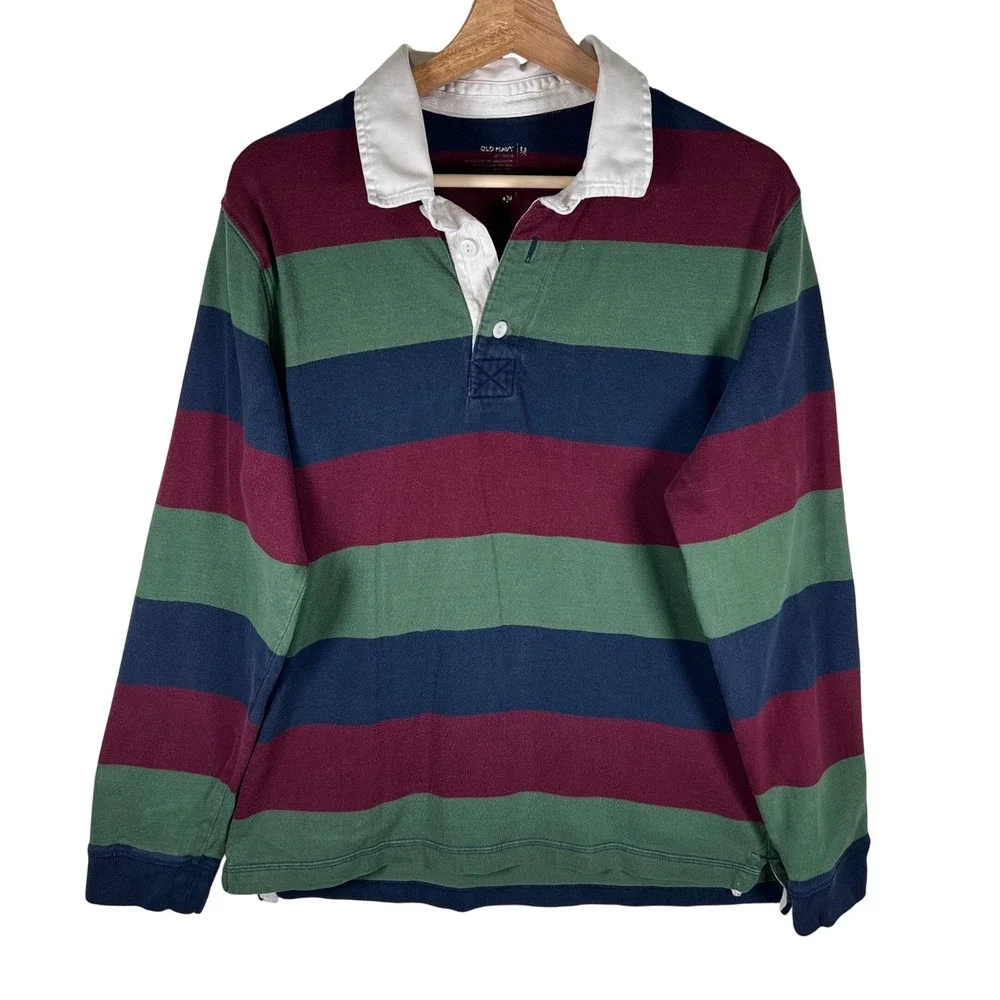 Vtg Old Navy Mens Rugby Shirt Long Sleeve Striped Collar Button Up Size M